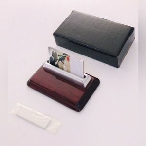 Business Cardholder Office Desktop Mahogany Wood Stainless Steel New In Box